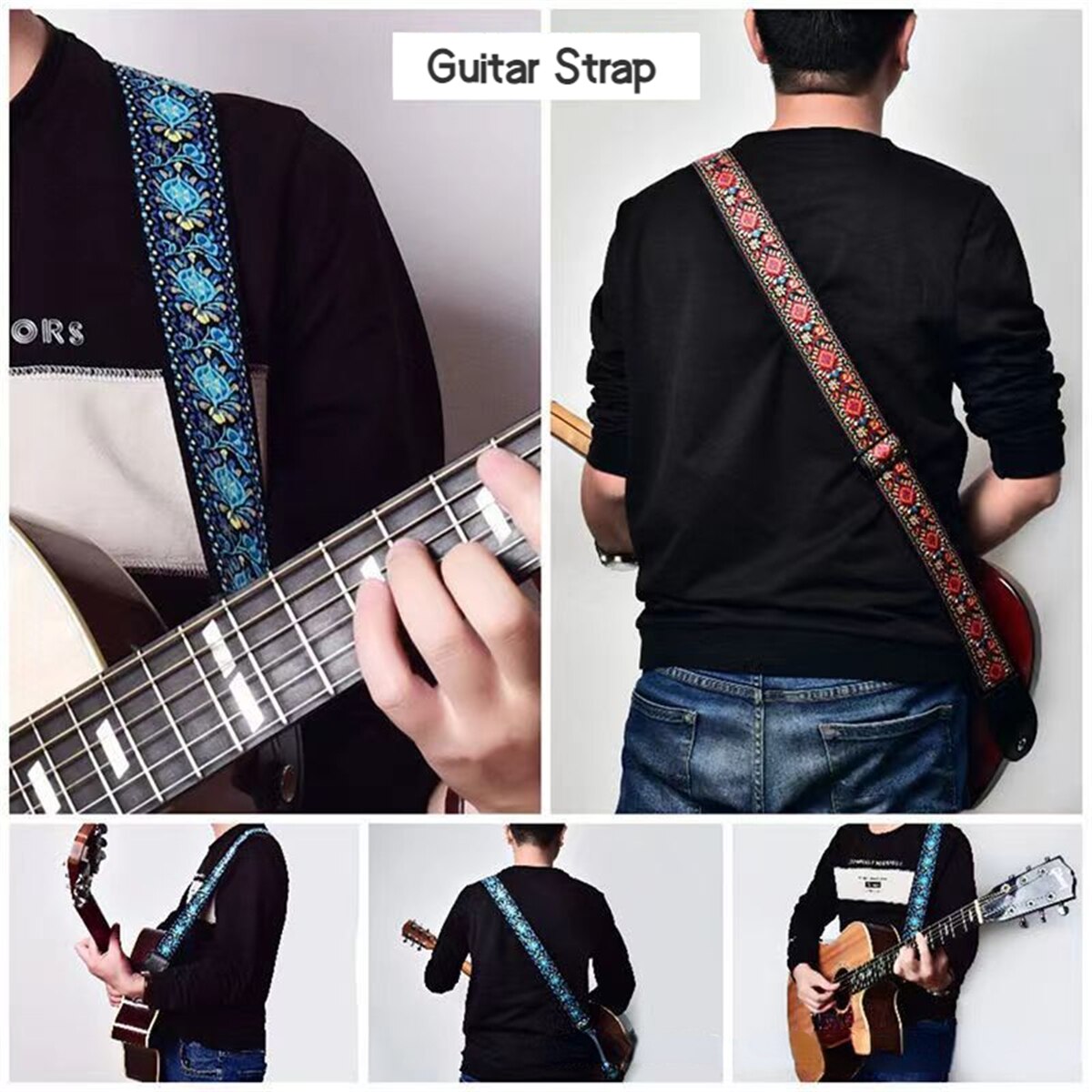 AliExpress Embroidered Print Guitar Strap Vintage Ethnic Style Adjustable Strap for Folk Electric Guitar Bass Ukulele Guitar Accessories, view 4