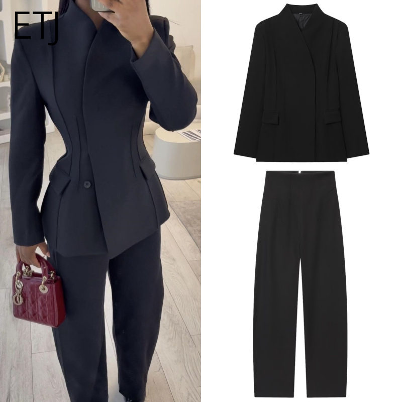 AliExpress ETJ 2025 Women's New Fashion Design Three-Dimensional Cut High Collar Slim Suit Jacket & Matching Casual Trousers