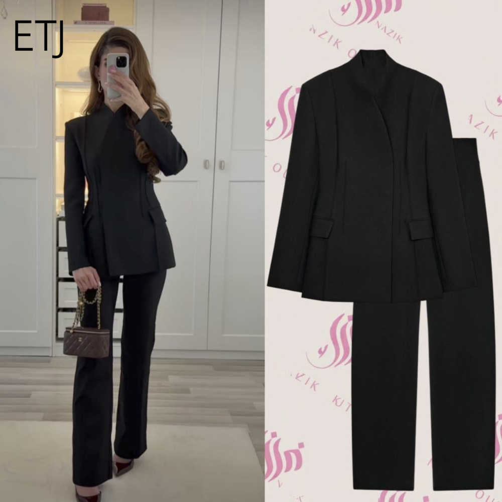 AliExpress ETJ 2025 Women's New Fashion Design Three-Dimensional Cut High Collar Slim Suit Jacket & Matching Casual Trousers, view 3