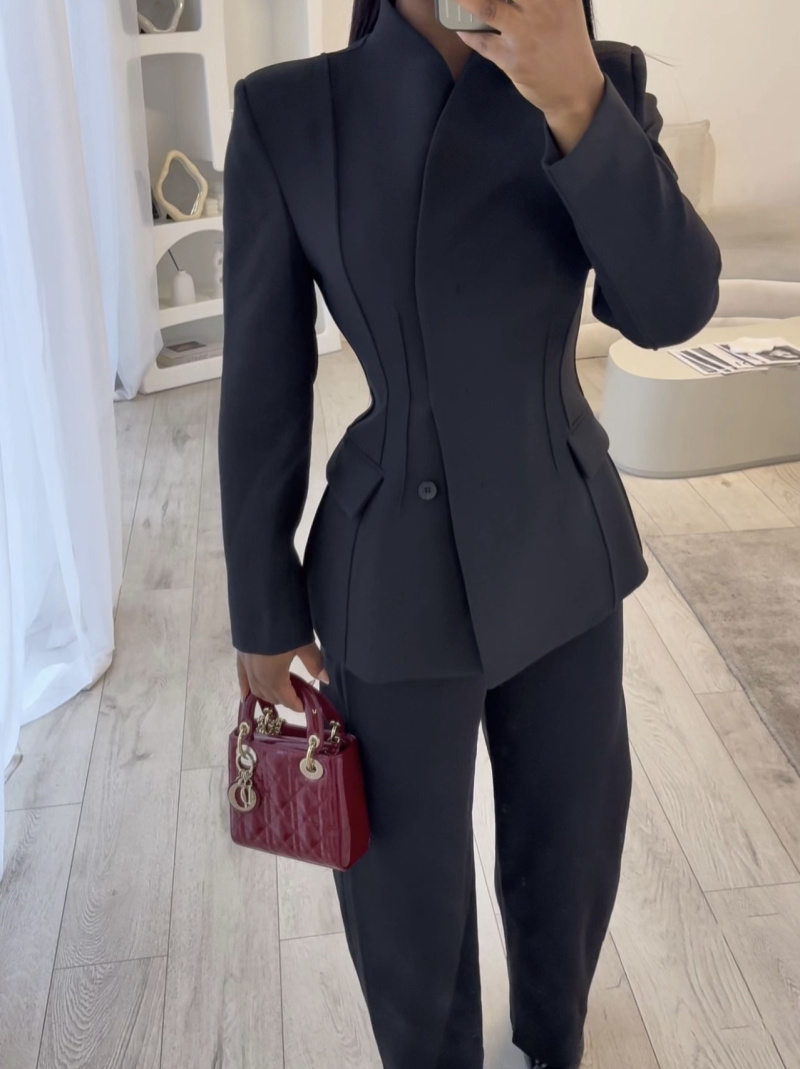 AliExpress ETJ 2025 Women's New Fashion Design Three-Dimensional Cut High Collar Slim Suit Jacket & Matching Casual Trousers, view 4
