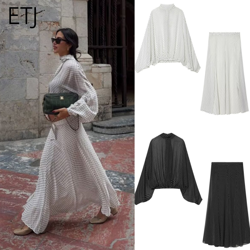AliExpress ETJ Women's Polka Dot Blouse Skirt Set 2026 Spring High Neck Batwing Sleeve Sheer Front Tie Bow Midi A-Line Dress Set