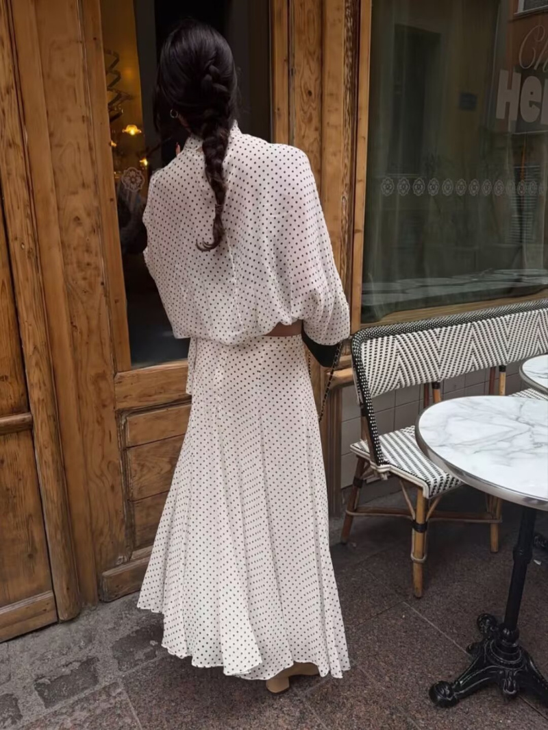 AliExpress ETJ Women's Polka Dot Blouse Skirt Set 2026 Spring High Neck Batwing Sleeve Sheer Front Tie Bow Midi A-Line Dress Set, view 3