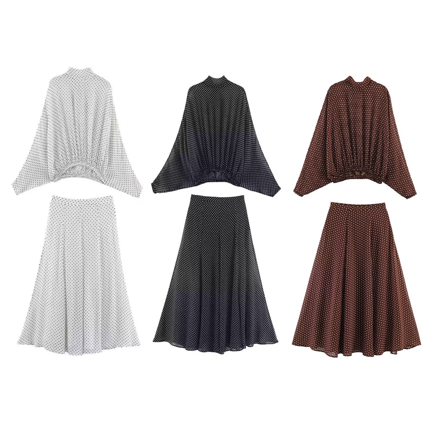 AliExpress ETJ Women's Polka Dot Blouse Skirt Set 2026 Spring High Neck Batwing Sleeve Sheer Front Tie Bow Midi A-Line Dress Set, view 6