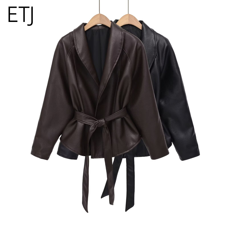 AliExpress ETJ Women's PU Leather Belted Wrap Jacket, view 2