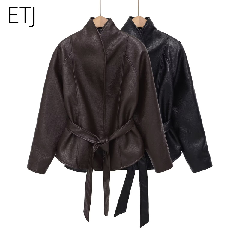 AliExpress ETJ Women's PU Leather Belted Wrap Jacket, view 3