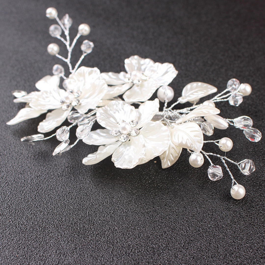 AliExpress European and American Bride Side Clip Crown Headpiece White Pearl Floral Accessories Pearl Hair Clip Fast-Selling Alibaba Weddin, view 3