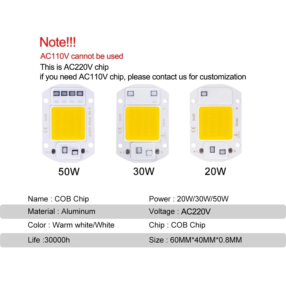 AliExpress F6040 20W/30W/50W AC 220V COB Module LED Chip Diodes Lamp Bulb for Outdoor Focus Spotlight Garden Integrated Light Beads, view 6