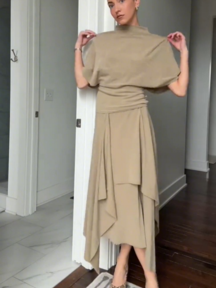 AliExpress Fashion Elegant Casual Top Skirt Sets High Neck Loose Crop Shirt Irregular Pleated Hem Long Skirt 2026 New Lady Commuter Outfits, view 5