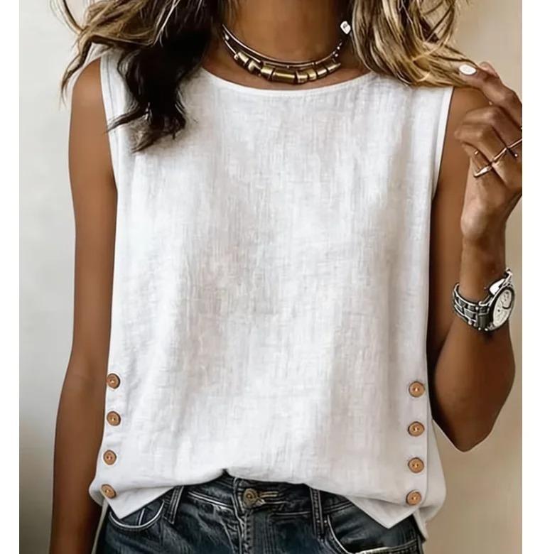 AliExpress Fashion Elegant Tops Shirt Summer New Women's Round Neck Casual Loose Button Cotton Linen Solid Color Top Shirt Womens Clothing, view 3