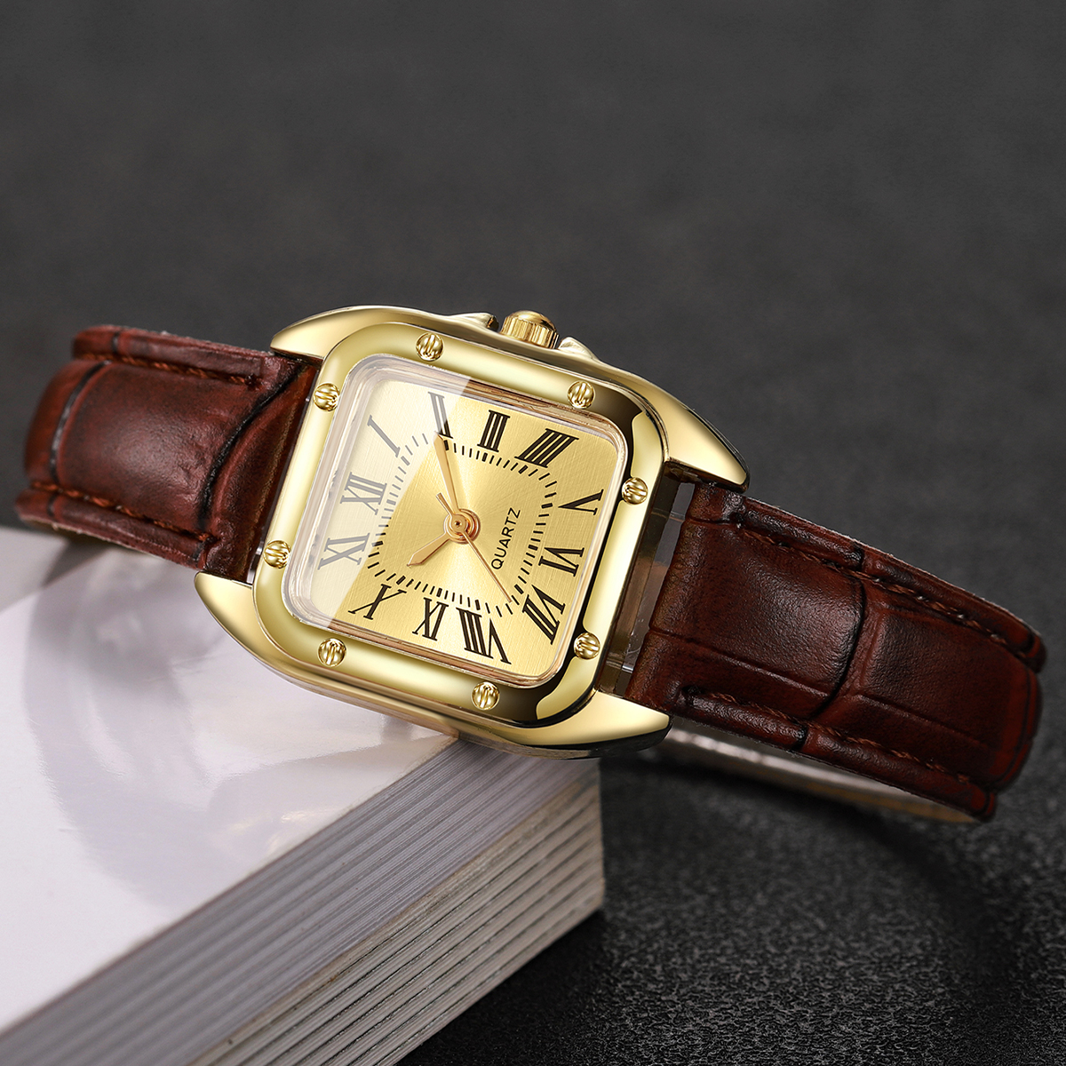 AliExpress Women's Square Roman Dial Leather Quartz Watch, view 4