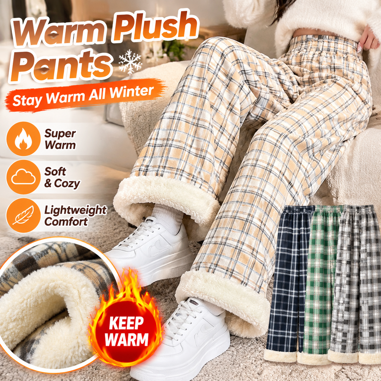 AliExpress Fashion Warm Plush Pants Cashmere Thick Plaid Ladies Winter Casual Loose Wide-legged Pants Korean Streetwear Students