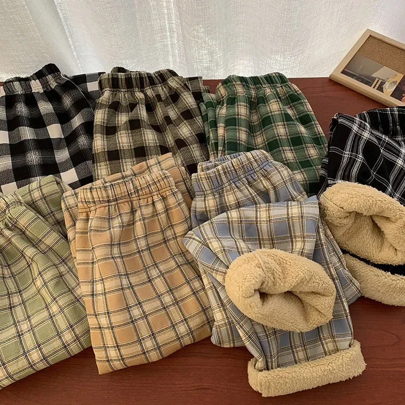 AliExpress Fashion Warm Plush Pants Cashmere Thick Plaid Ladies Winter Casual Loose Wide-legged Pants Korean Streetwear Students, view 2