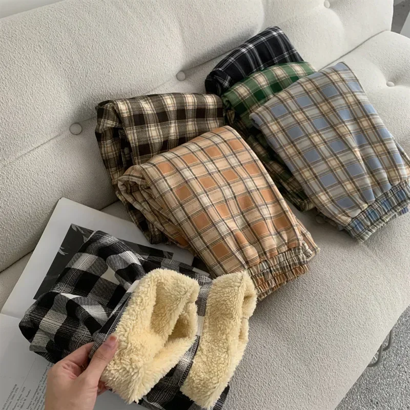 AliExpress Fashion Warm Plush Pants Cashmere Thick Plaid Ladies Winter Casual Loose Wide-legged Pants Korean Streetwear Students, view 3