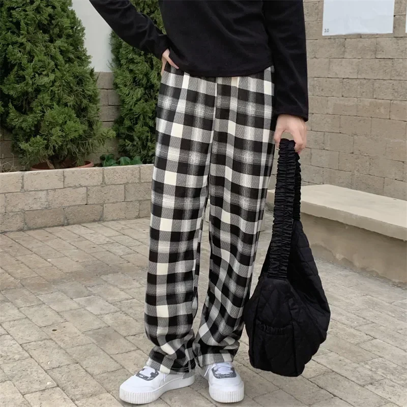AliExpress Fashion Warm Plush Pants Cashmere Thick Plaid Ladies Winter Casual Loose Wide-legged Pants Korean Streetwear Students, view 4