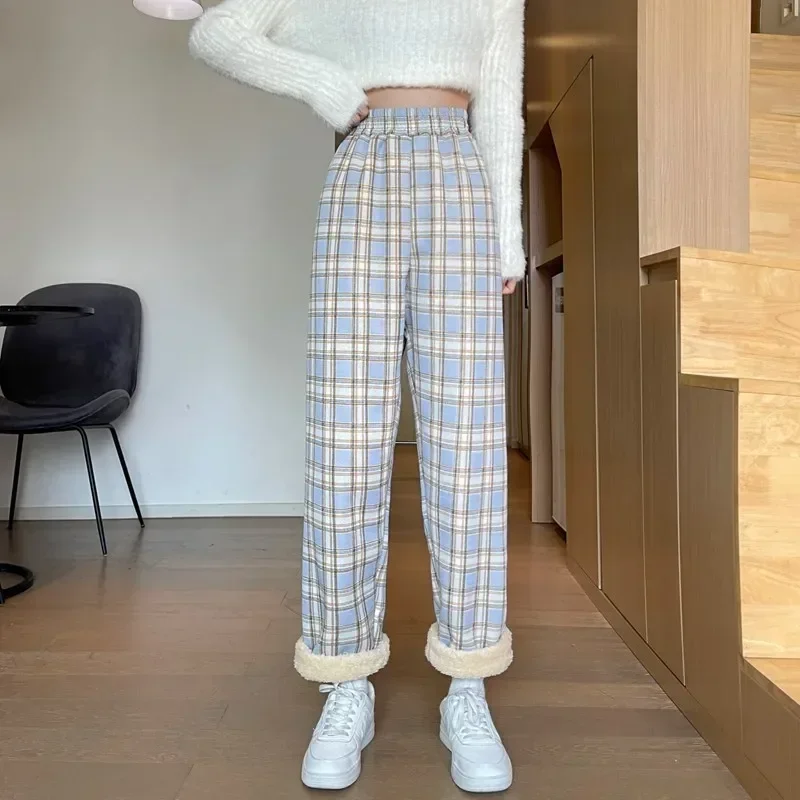 AliExpress Fashion Warm Plush Pants Cashmere Thick Plaid Ladies Winter Casual Loose Wide-legged Pants Korean Streetwear Students, view 6