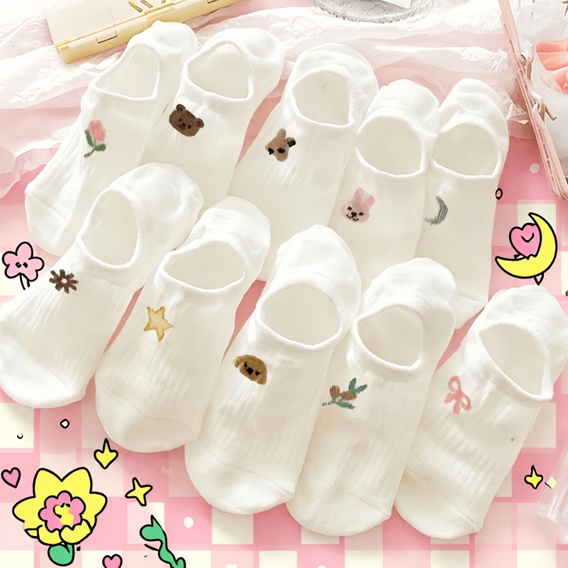 AliExpress Fashion White Boat Socks for Women, Low-Cut Invisible Socks, No-Show Socks, Sweet Style, Cute Cartoon Patterns, Student Socks