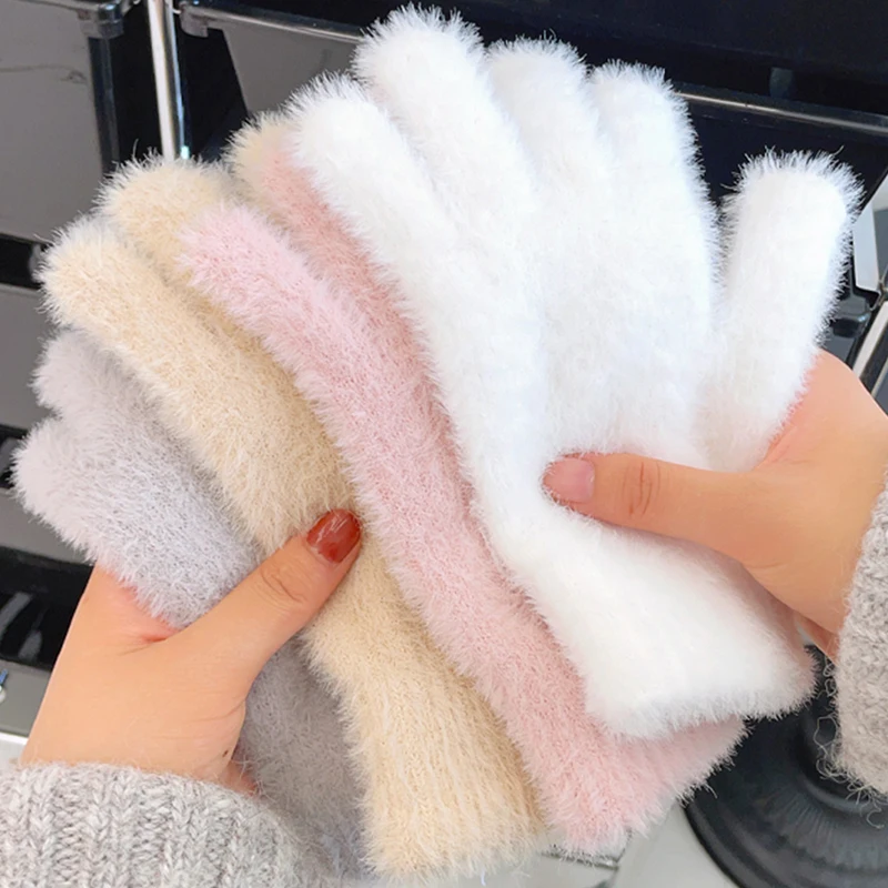 AliExpress Fashion Winter Mink Velvet Five Finger Gloves Plush Warm Cold-proof Gloves Women Outdoors Cycling Solid Color Wistiti Mittens