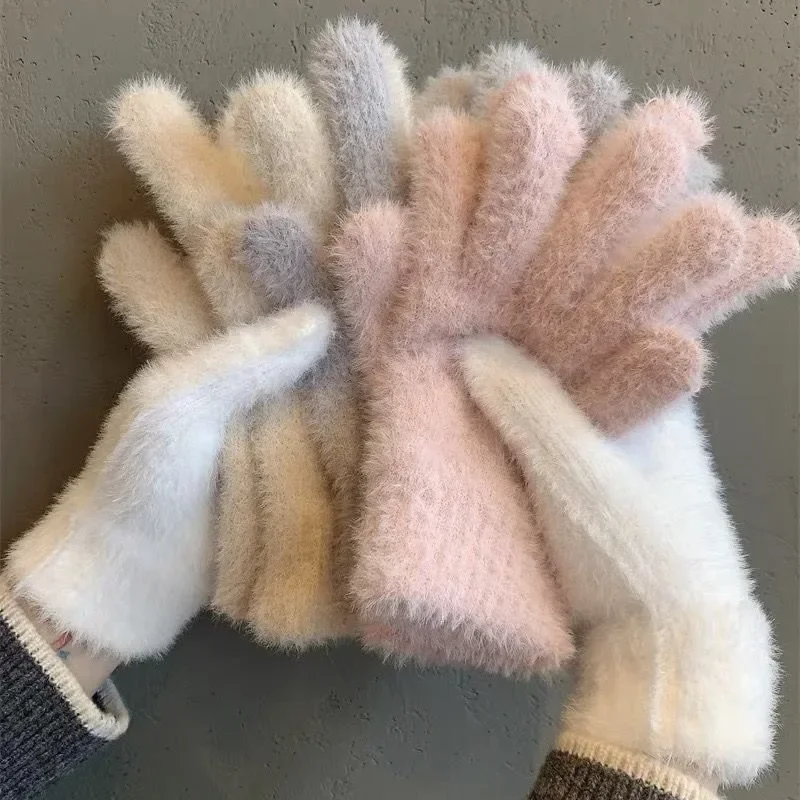 AliExpress Fashion Winter Mink Velvet Five Finger Gloves Plush Warm Cold-proof Gloves Women Outdoors Cycling Solid Color Wistiti Mittens, view 2