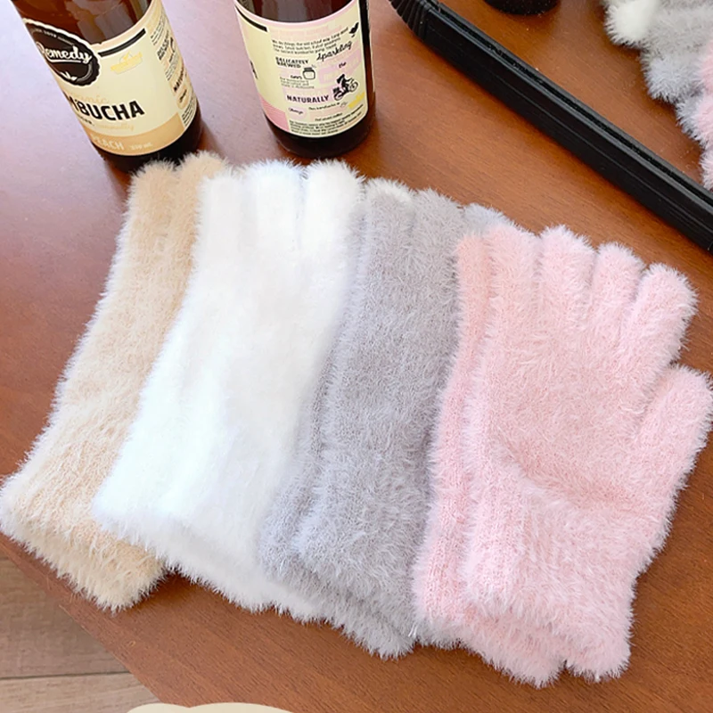 AliExpress Fashion Winter Mink Velvet Five Finger Gloves Plush Warm Cold-proof Gloves Women Outdoors Cycling Solid Color Wistiti Mittens, view 3