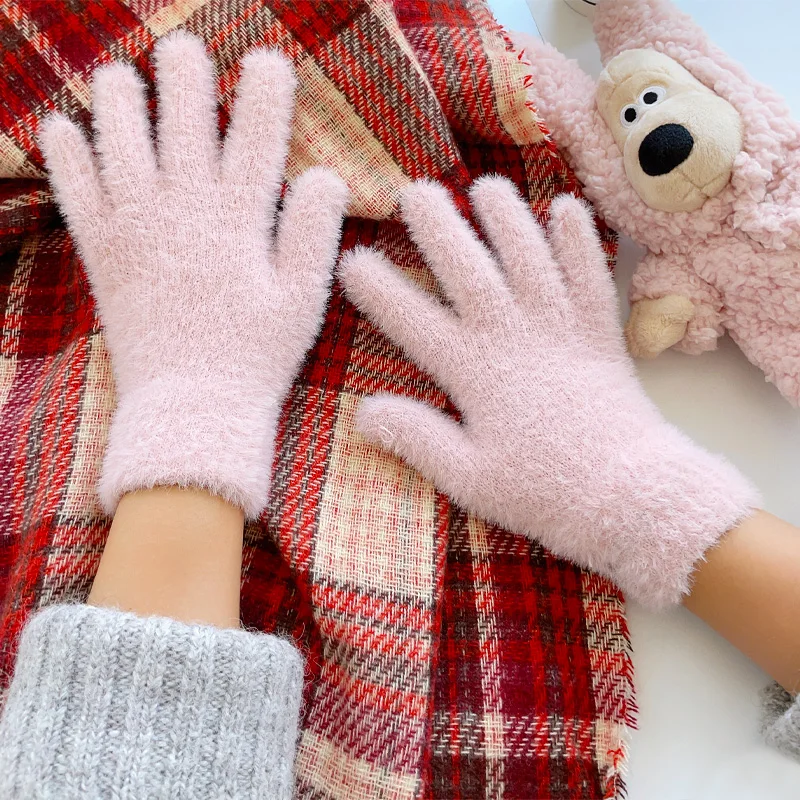 AliExpress Fashion Winter Mink Velvet Five Finger Gloves Plush Warm Cold-proof Gloves Women Outdoors Cycling Solid Color Wistiti Mittens, view 4