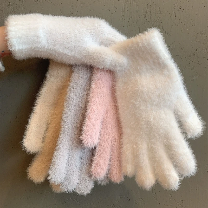 AliExpress Fashion Winter Mink Velvet Five Finger Gloves Plush Warm Cold-proof Gloves Women Outdoors Cycling Solid Color Wistiti Mittens, view 5