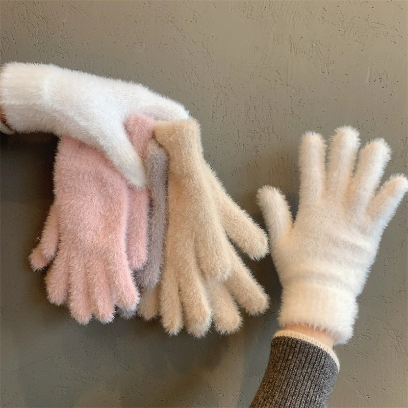 AliExpress Fashion Winter Mink Velvet Five Finger Gloves Plush Warm Cold-proof Gloves Women Outdoors Cycling Solid Color Wistiti Mittens, view 6