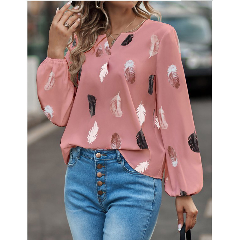 AliExpress Fashion Woman Blouse Shirts For Women Stylish Top long Sleeve Feather Pattern Female Tops Elegant Chiffon Mujer Woman Clothes