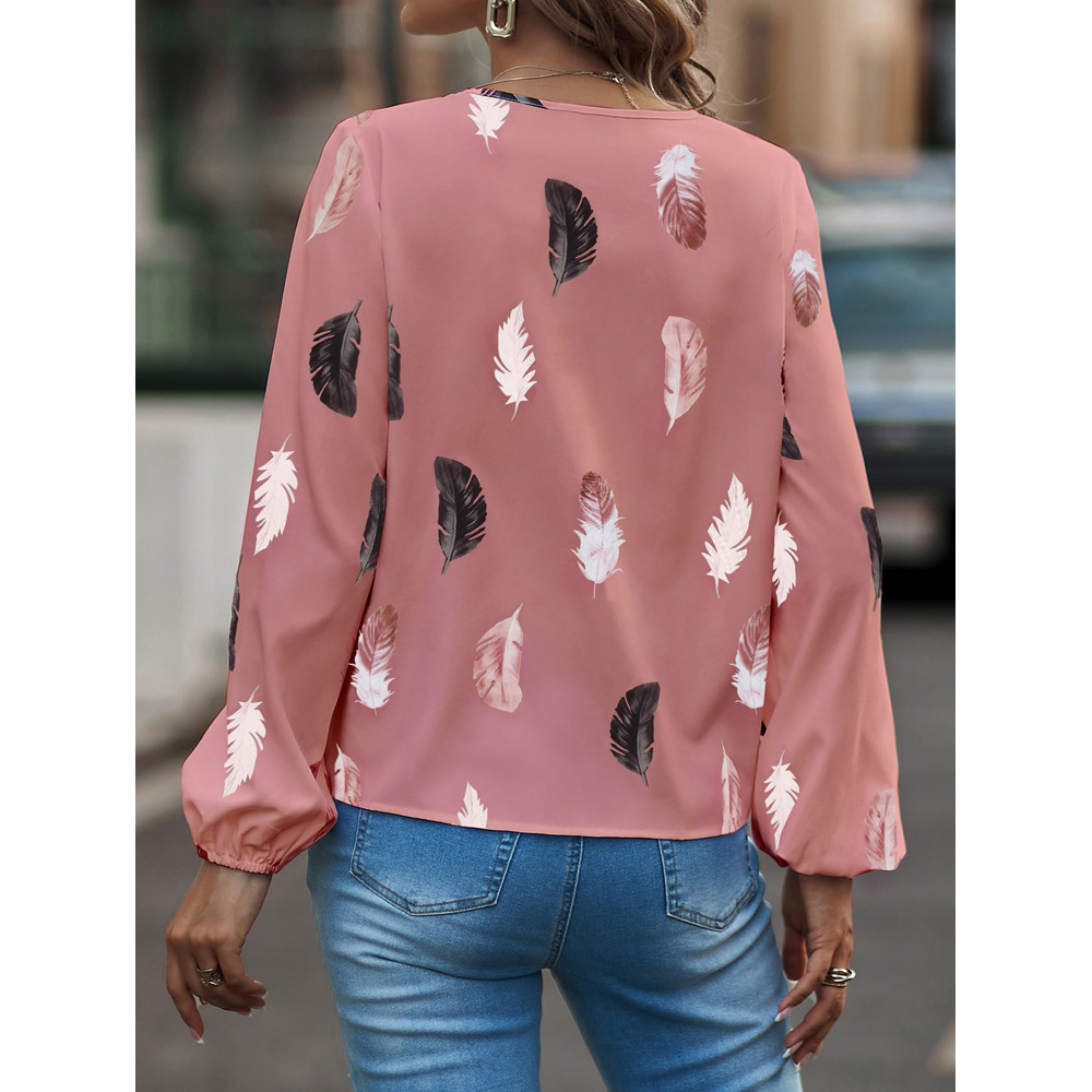 AliExpress Fashion Woman Blouse Shirts For Women Stylish Top long Sleeve Feather Pattern Female Tops Elegant Chiffon Mujer Woman Clothes, view 2