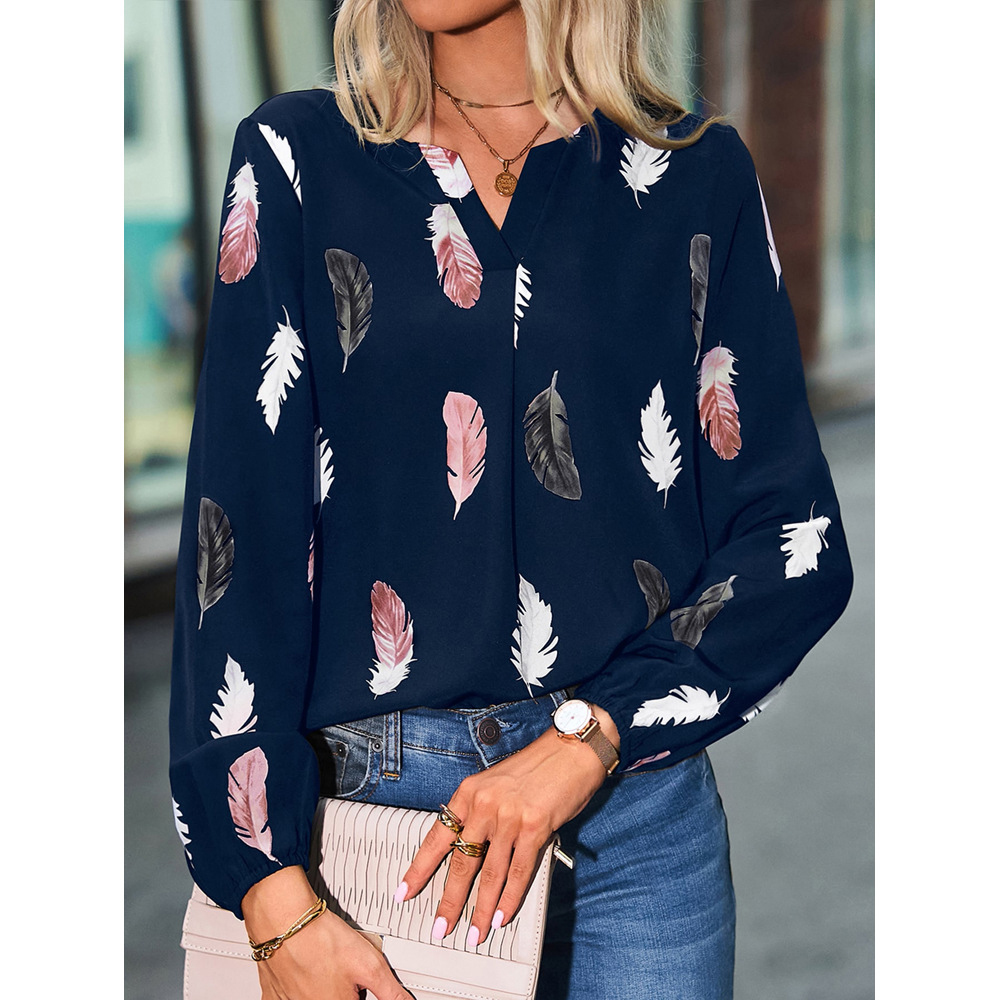 AliExpress Fashion Woman Blouse Shirts For Women Stylish Top long Sleeve Feather Pattern Female Tops Elegant Chiffon Mujer Woman Clothes, view 4