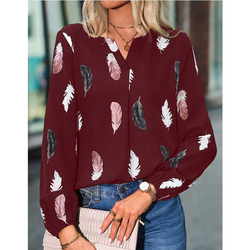AliExpress Fashion Woman Blouse Shirts For Women Stylish Top long Sleeve Feather Pattern Female Tops Elegant Chiffon Mujer Woman Clothes, view 5
