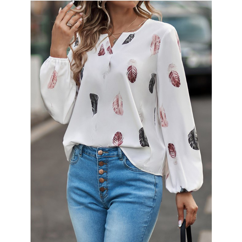 AliExpress Fashion Woman Blouse Shirts For Women Stylish Top long Sleeve Feather Pattern Female Tops Elegant Chiffon Mujer Woman Clothes, view 6