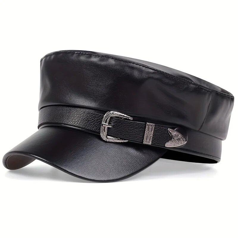 AliExpress Black Flat-Top Leather-Look Sailor Beret Cap