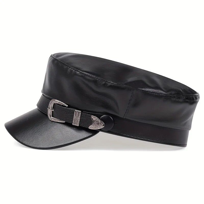 AliExpress Black Flat-Top Leather-Look Sailor Beret Cap, view 2