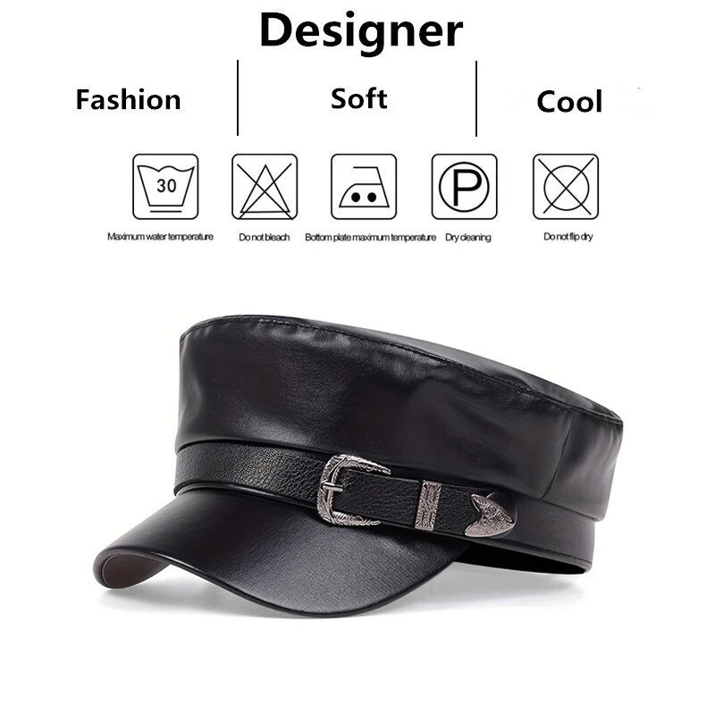 AliExpress Black Flat-Top Leather-Look Sailor Beret Cap, view 6