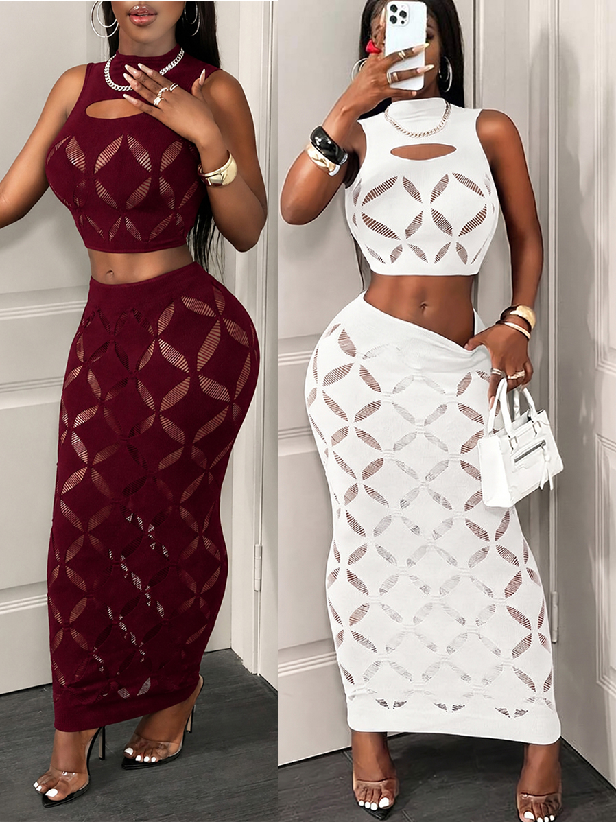 AliExpress FHSEER Plus Size 2PCS Women's Sexy Set See Through Mesh Hollow Out Crop Tank & High Waist Bodycon Mini Skirt Stretechy Clubwear, view 2