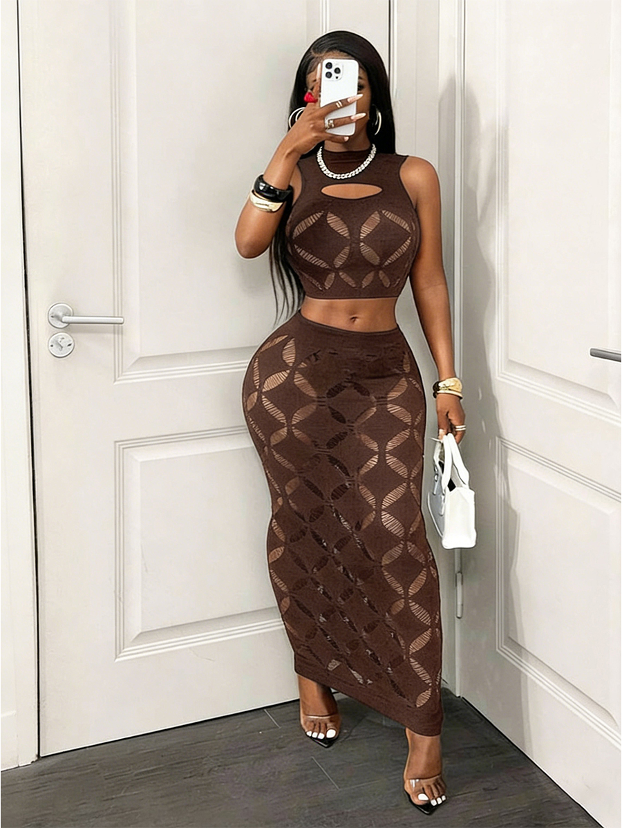 AliExpress FHSEER Plus Size 2PCS Women's Sexy Set See Through Mesh Hollow Out Crop Tank & High Waist Bodycon Mini Skirt Stretechy Clubwear, view 4