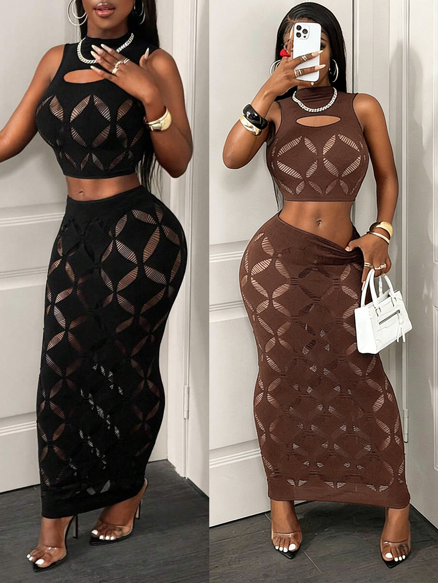 AliExpress FHSEER Plus Size 2PCS Women's Sexy Set See Through Mesh Hollow Out Crop Tank & High Waist Bodycon Mini Skirt Stretechy Clubwear