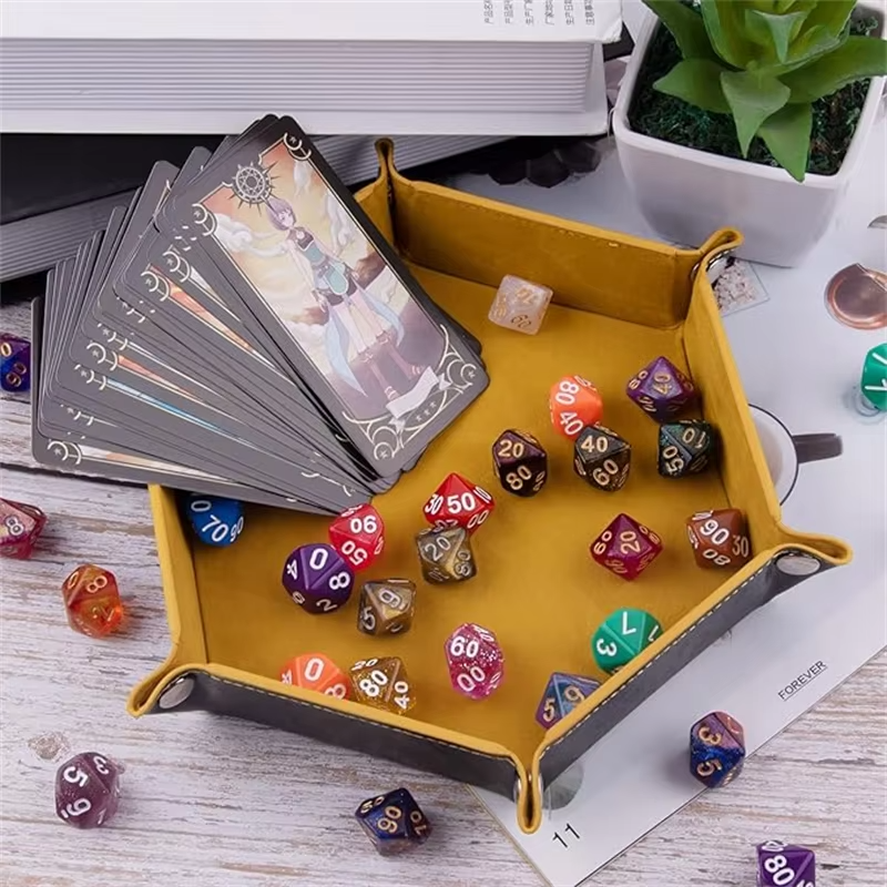 AliExpress Foldable Dice Tray Holder Box PU Leather Folding Hexagon Coin Square Tray for RPG Role Playing Table Board Games, view 4