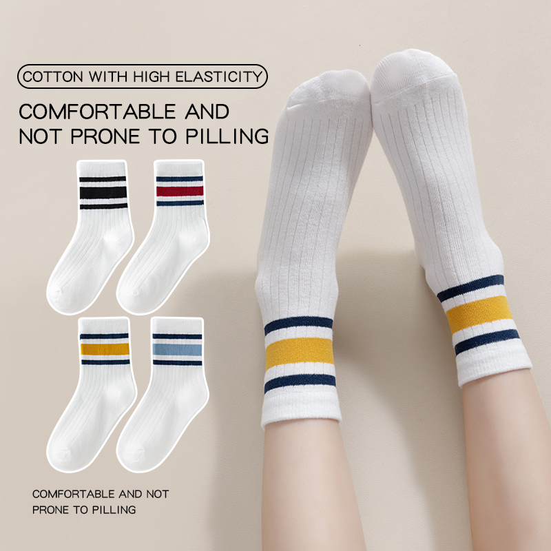 AliExpress Four Pairs of Children's Socks for Spring and Autumn, Striped Versatile Style, Mid-Calf Socks with a School Style.