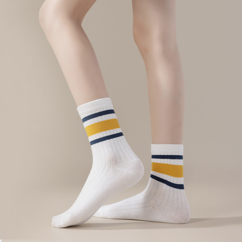 AliExpress Four Pairs of Children's Socks for Spring and Autumn, Striped Versatile Style, Mid-Calf Socks with a School Style., view 2