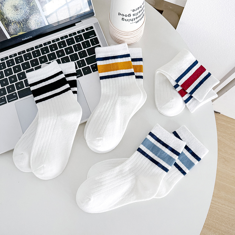 AliExpress Four Pairs of Children's Socks for Spring and Autumn, Striped Versatile Style, Mid-Calf Socks with a School Style., view 3