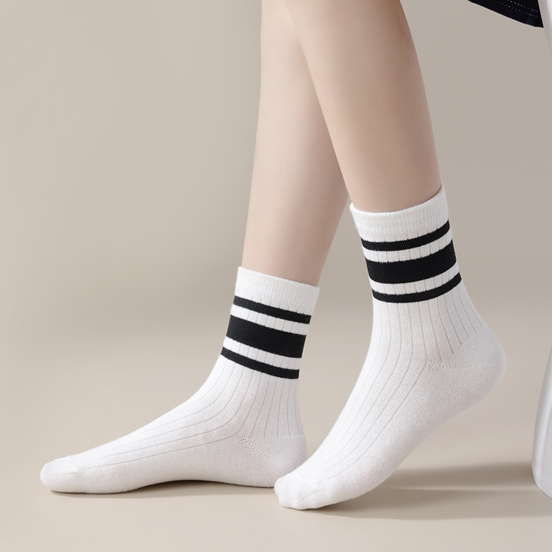 AliExpress Four Pairs of Children's Socks for Spring and Autumn, Striped Versatile Style, Mid-Calf Socks with a School Style., view 4