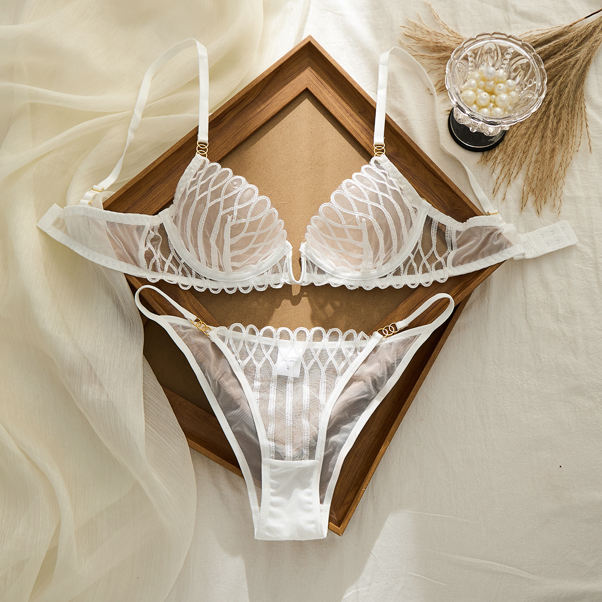 AliExpress French Style Sexy Embroidered Transparent Underwear Set V-Neck Design Anti-Sagging Breathable Bra And Panties Ensemble, view 2