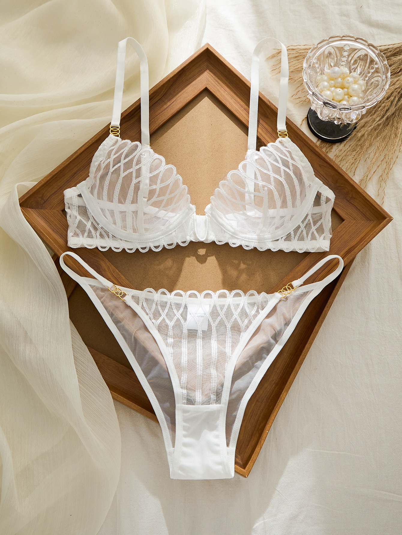 AliExpress French Style Sexy Embroidered Transparent Underwear Set V-Neck Design Anti-Sagging Breathable Bra And Panties Ensemble, view 6