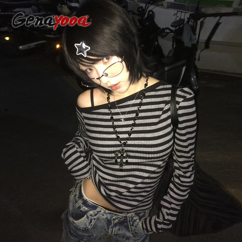 AliExpress Genayooa Japanese Y2k T-shirt Women Long Sleeve Off Shoulder Striped Crop Tops Y2k Grunge 2000s Aesthetic Streetwear T Shirts