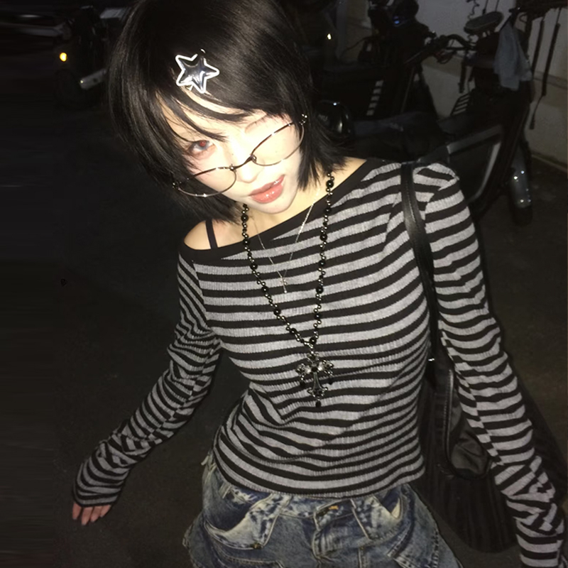 AliExpress Genayooa Japanese Y2k T-shirt Women Long Sleeve Off Shoulder Striped Crop Tops Y2k Grunge 2000s Aesthetic Streetwear T Shirts, view 2