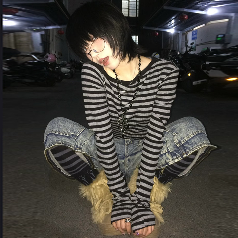 AliExpress Genayooa Japanese Y2k T-shirt Women Long Sleeve Off Shoulder Striped Crop Tops Y2k Grunge 2000s Aesthetic Streetwear T Shirts, view 3