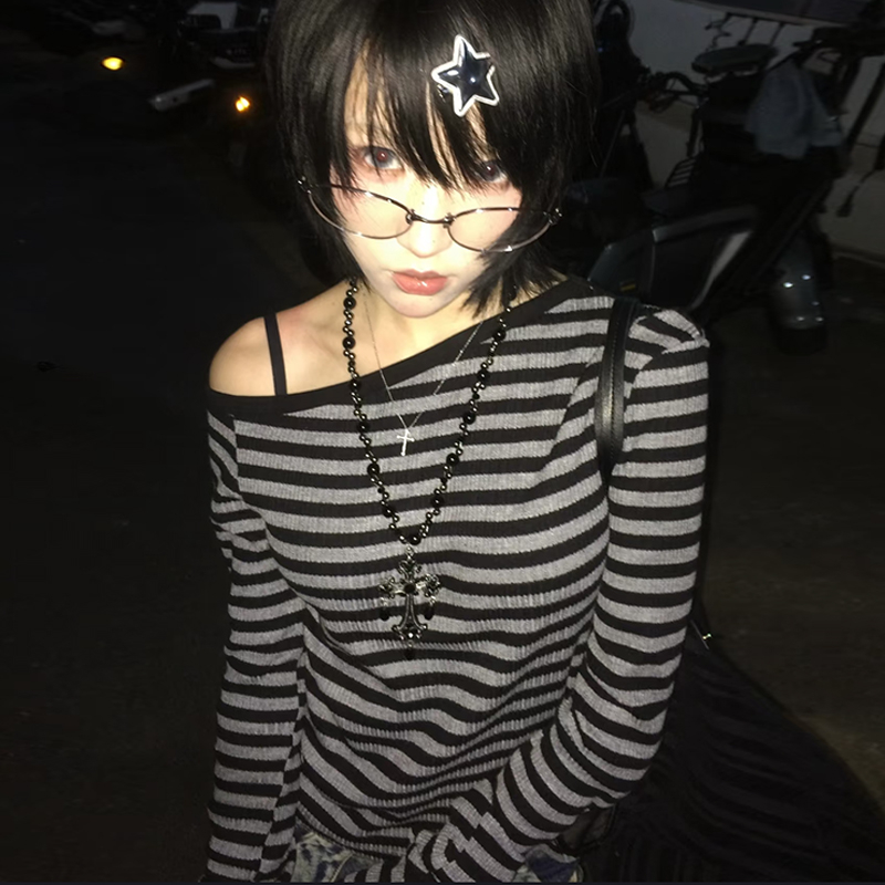 AliExpress Genayooa Japanese Y2k T-shirt Women Long Sleeve Off Shoulder Striped Crop Tops Y2k Grunge 2000s Aesthetic Streetwear T Shirts, view 5