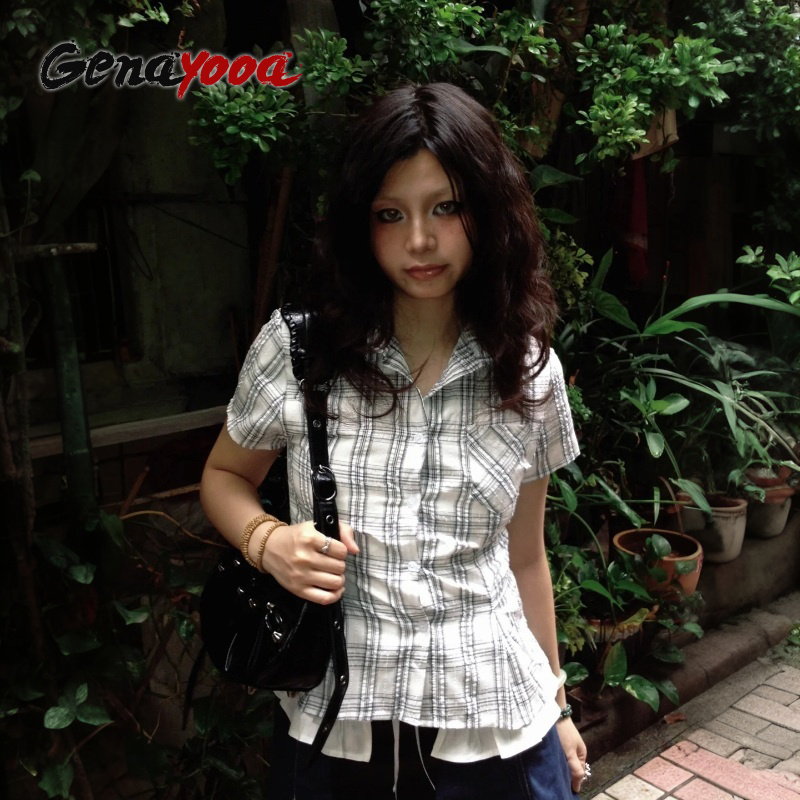 AliExpress Genayooa Y2k Japanese Shirt Women Slim Short Sleeve Plaid Tee Tops American Retro Vintage Blouse And Shirt Streetwear Casual Top