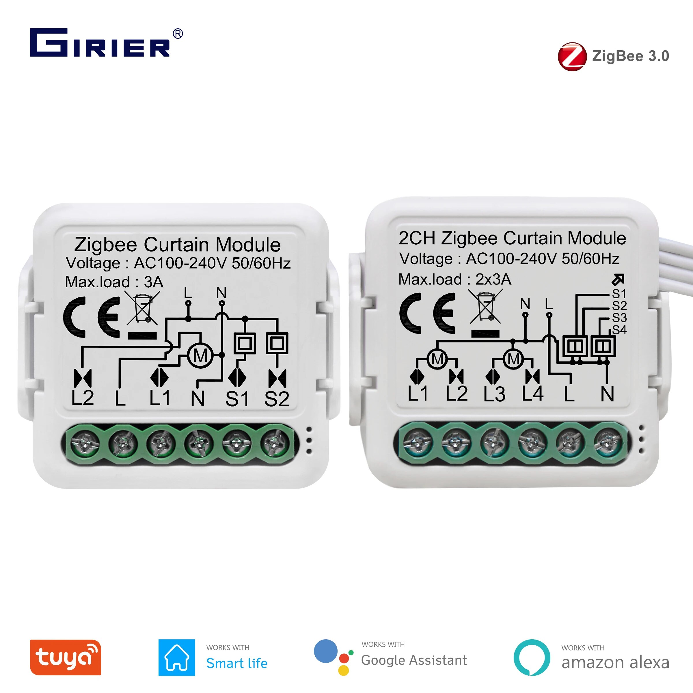 AliExpress GIRIER Tuya ZigBee 3.0 Smart Blind Curtain Switch Module 1/2 Gang for Roller Shutter Electric Motor Works with Alexa Google Home